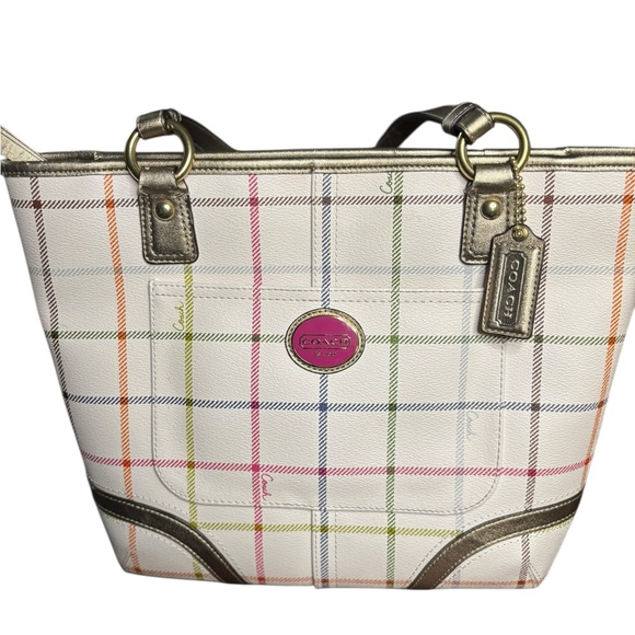 Coach Plaid Peyton Tattersall Zip Tote F20083 Multicolor Spring Bag Gold Trim - Picture 11 of 11